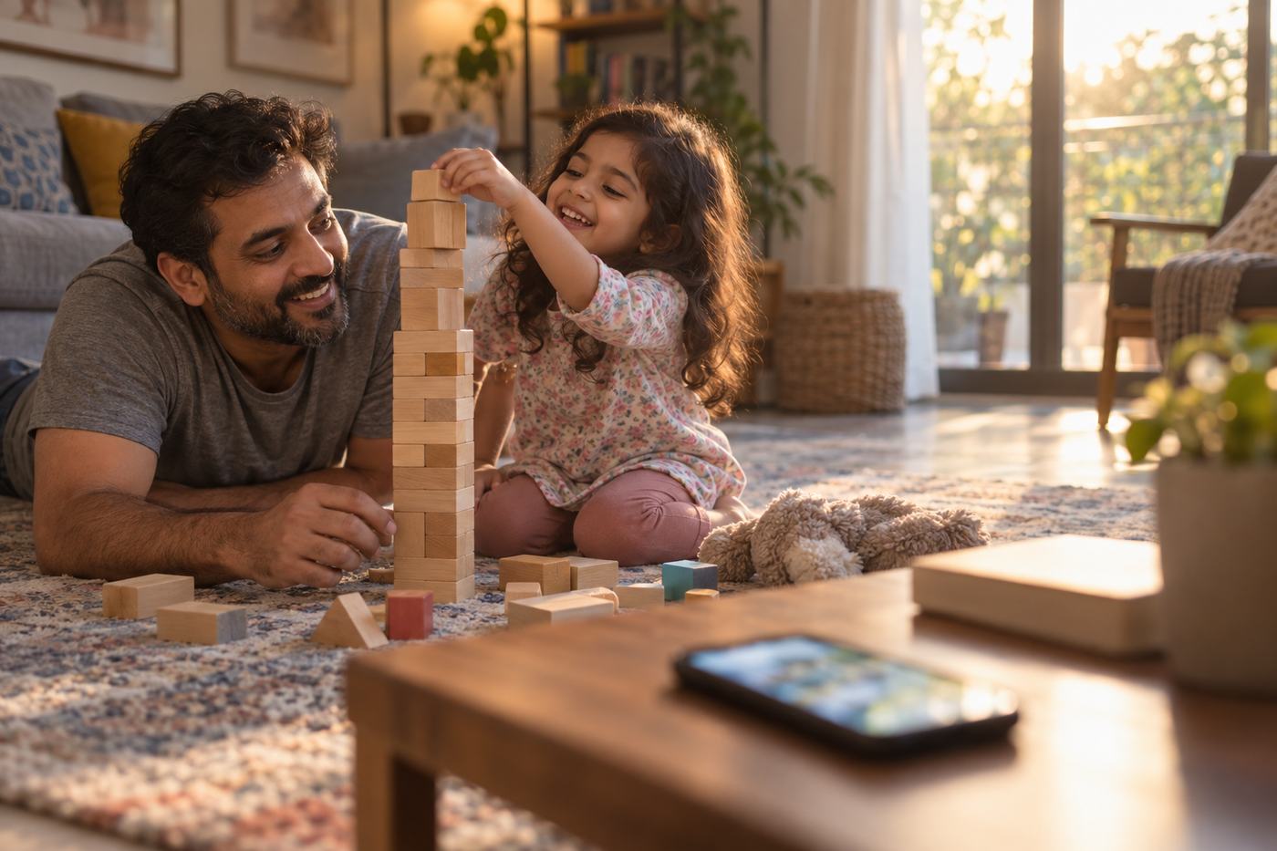 A father on the living-room floor with his daughter while his phone lights up