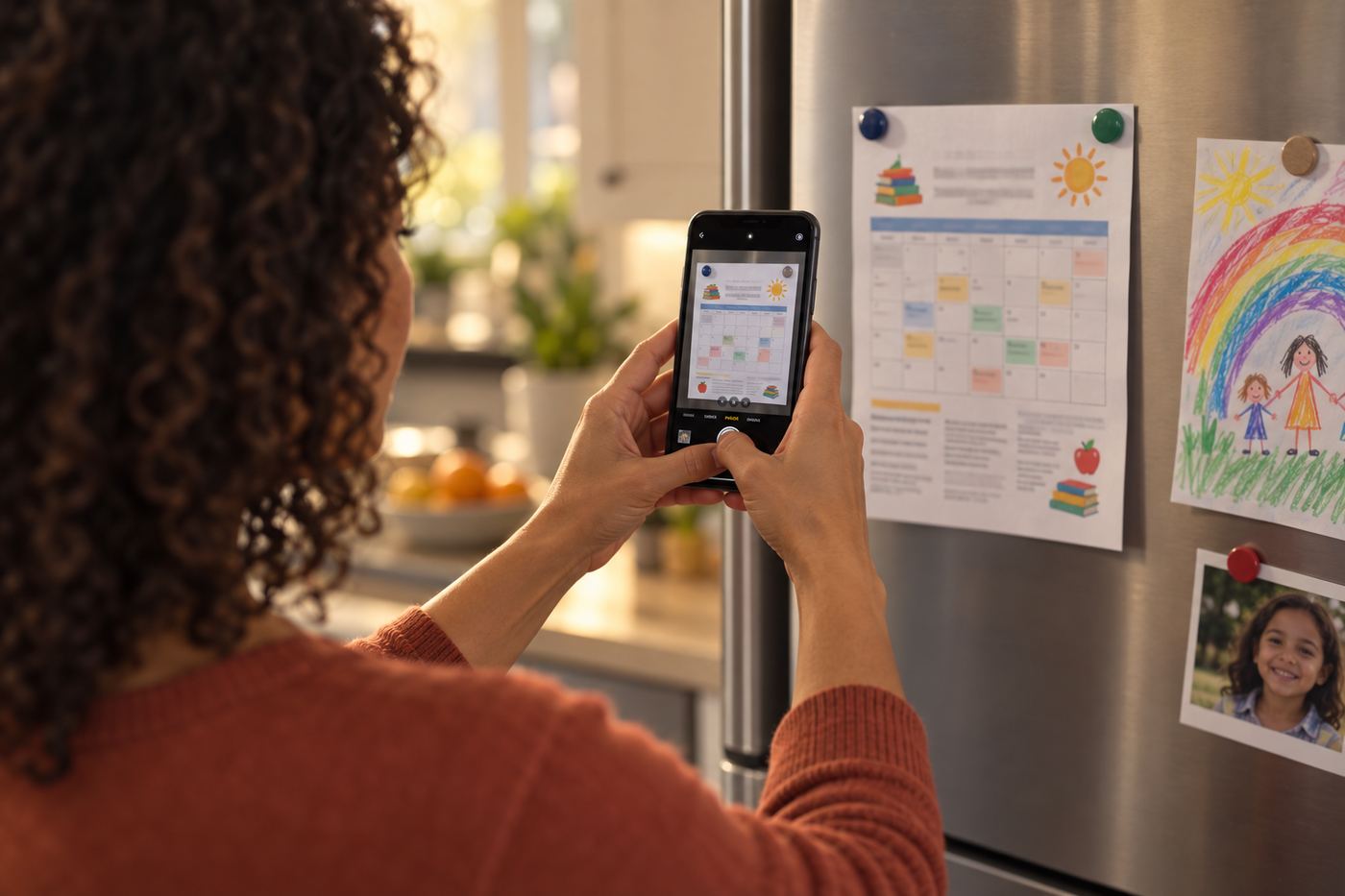 Maya photographs the school planner on the fridge